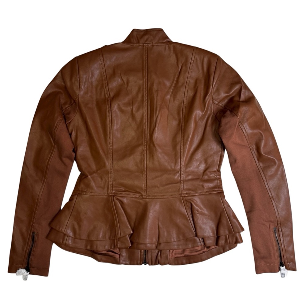 GILI British Tan Leather Peplum Jacket Coat 
Size 2  Zip Front and Sleeves NWT - Picture 4 of 17